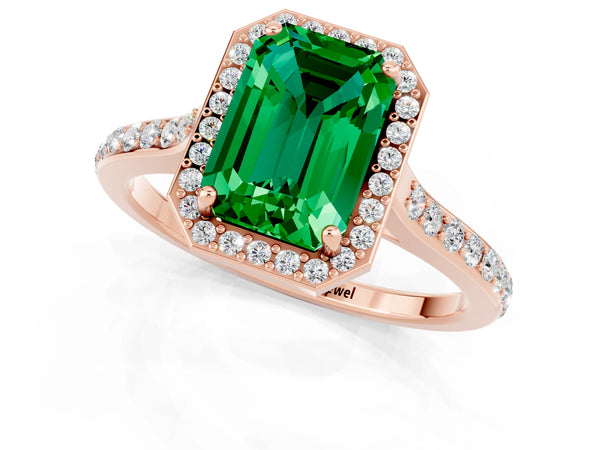 Rose gold Emerald Cut Emerald Halo Engagement Ring with Round Pavé Shoulders and Prong Setting