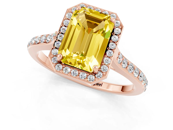 Rose gold Emerald Cut Yellow Sapphire Halo Engagement Ring with Round Pavé Shoulders and Prong Setting