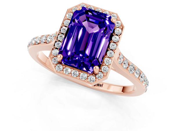 Rose gold Emerald Cut Tanzanite Halo Engagement Ring with Round Pavé Shoulders and Prong Setting