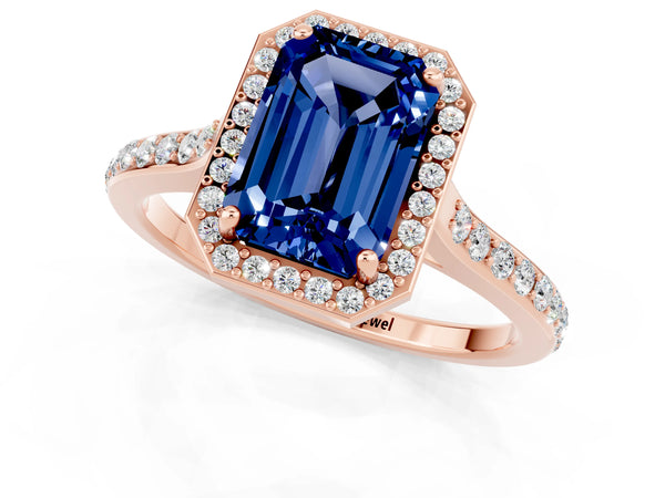Rose gold Emerald Cut Blue Sapphire Halo Engagement Ring with Round Pavé Shoulders and Prong Setting