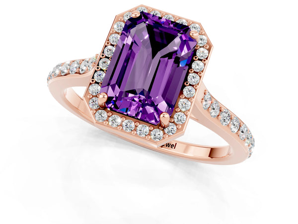 Rose gold Emerald Cut Amethyst Halo Engagement Ring with Round Pavé Shoulders and Prong Setting