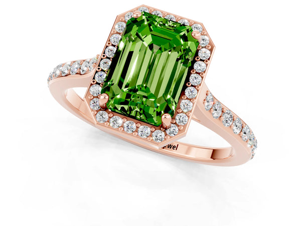 Rose gold Emerald Cut Halo Round Diamond Pavé Band with Four-Prong Setting