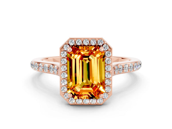 Rose gold Emerald Cut Citrine Halo Engagement Ring with Round Pavé Shoulders and Prong Setting