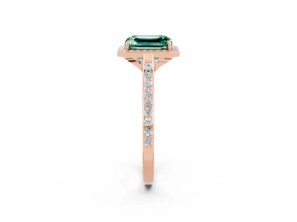 Rose gold Emerald Cut Green Sapphire Halo Engagement Ring with Round Pavé Shoulders and Prong Setting