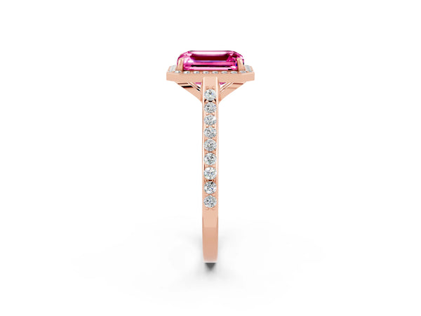 Rose gold Emerald Cut Pink Sapphire Halo Engagement Ring with Round Pavé Shoulders and Prong Setting