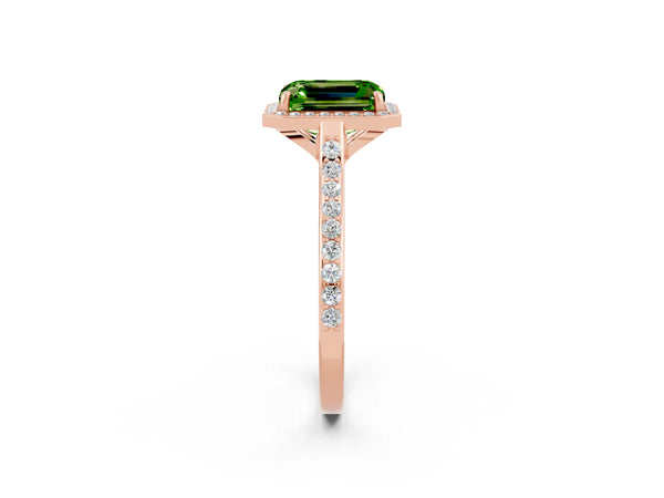 Rose gold Emerald Cut Halo Round Diamond Pavé Band with Four-Prong Setting