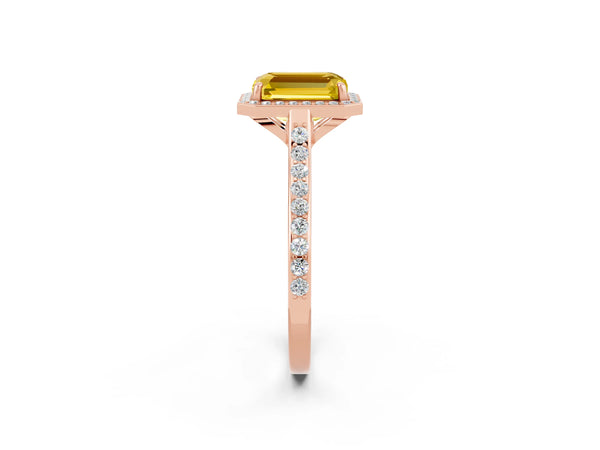 Rose gold Emerald Cut Yellow Sapphire Halo Engagement Ring with Round Pavé Shoulders and Prong Setting