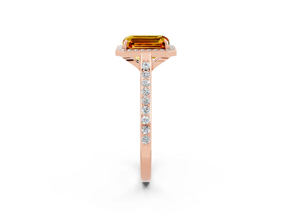 Rose gold Emerald Cut Citrine Halo Engagement Ring with Round Pavé Shoulders and Prong Setting