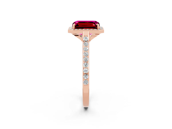 Rose gold Emerald Cut Garnet Halo Engagement Ring with Round Pavé Shoulders and Prong Setting