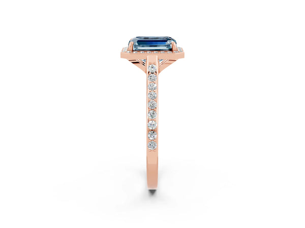 Rose gold Emerald Cut Aquamarine Halo Engagement Ring with Round Pavé Shoulders and Prong Setting