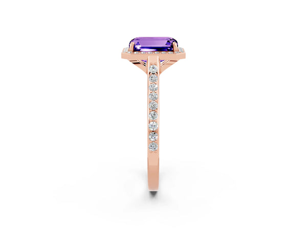 Rose gold Emerald Cut Tanzanite Halo Engagement Ring with Round Pavé Shoulders and Prong Setting