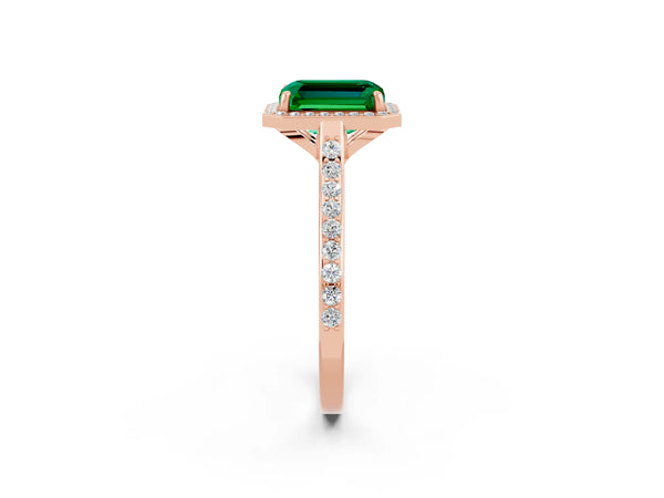 Rose gold Emerald Cut Emerald Halo Engagement Ring with Round Pavé Shoulders and Prong Setting