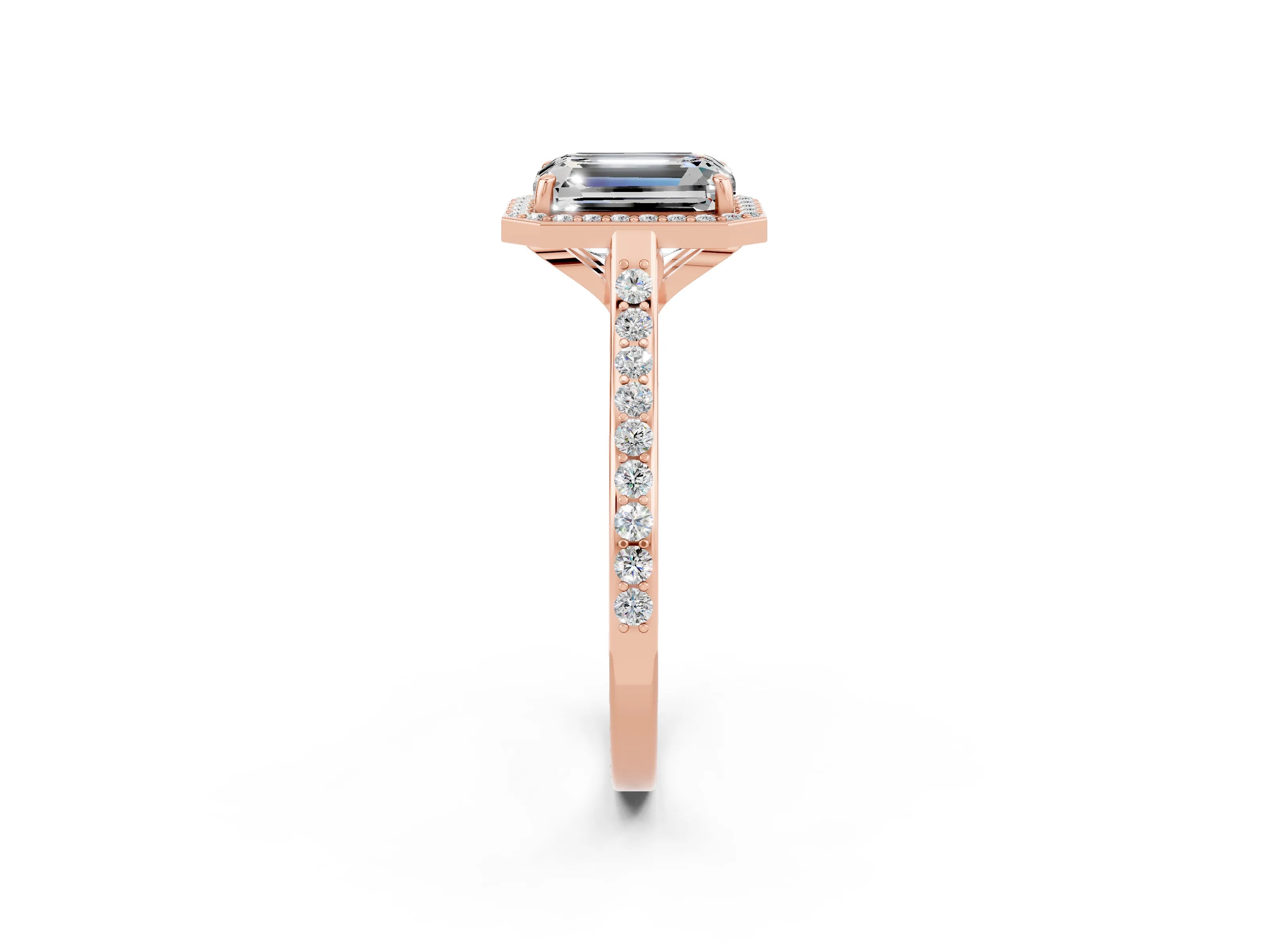 Rose gold Emerald Cut Halo Round Diamond Pavé Band with Four-Prong Setting_2