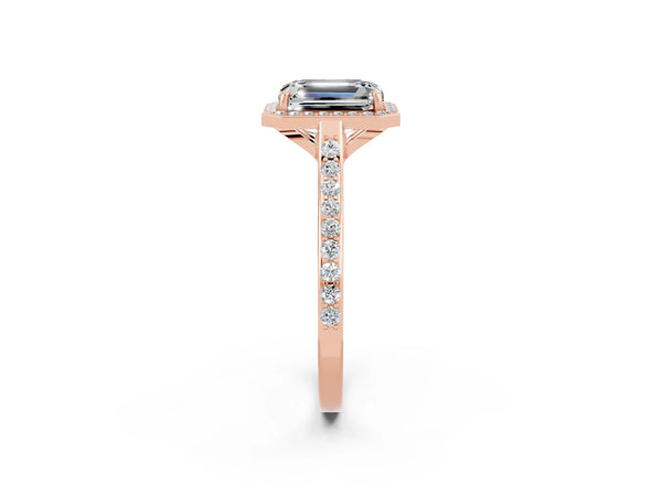 Rose gold Emerald Cut Moissanite Halo Engagement Ring with Round Pavé Shoulders and Prong Setting