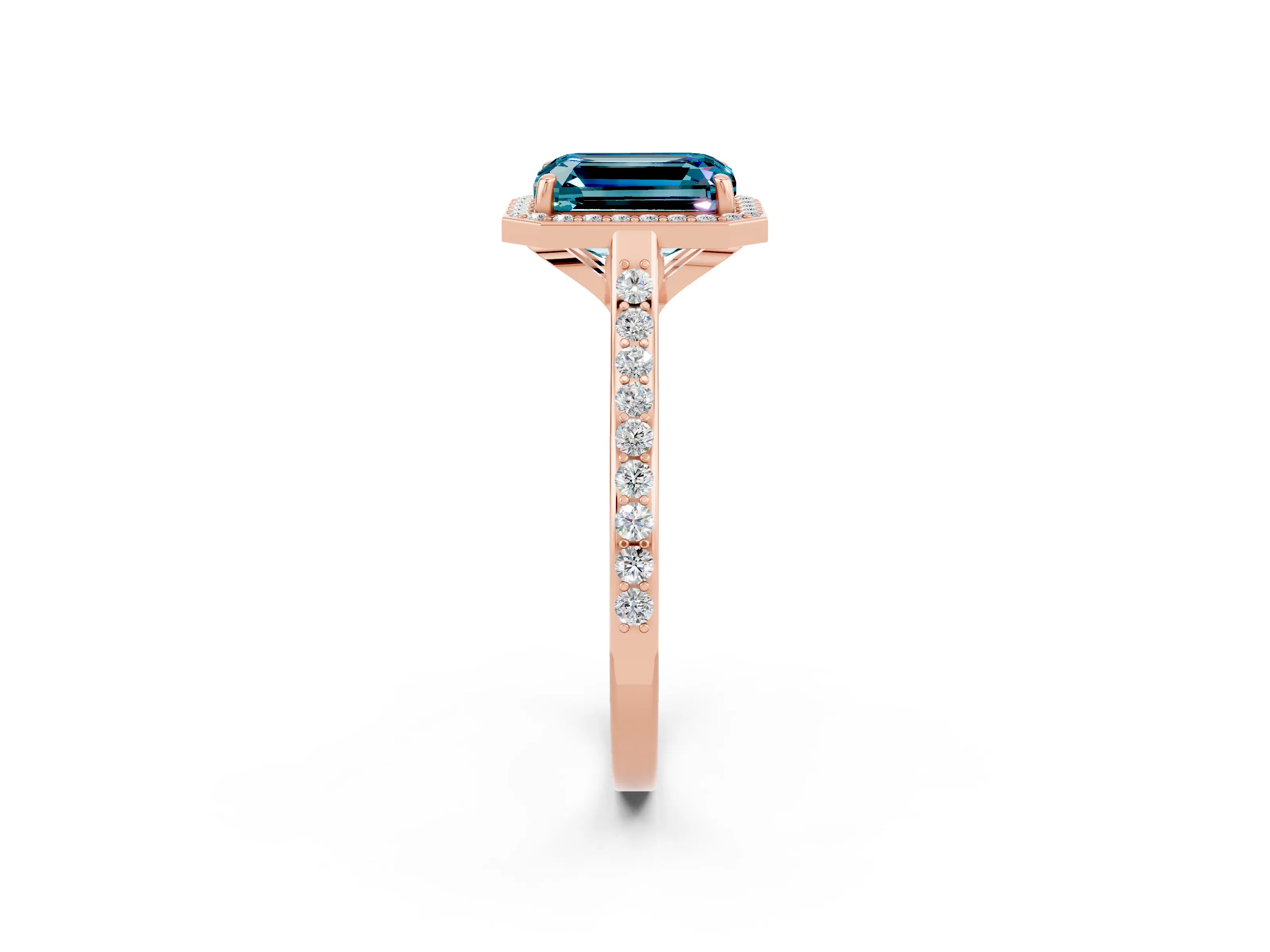 Rose gold Emerald Cut Halo Round Diamond Pavé Band with Four-Prong Setting_2