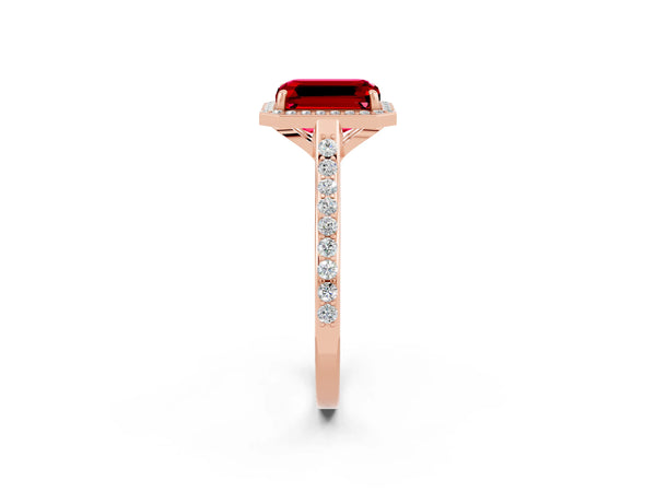 Rose gold Emerald Cut Halo Round Diamond Pavé Band with Four-Prong Setting