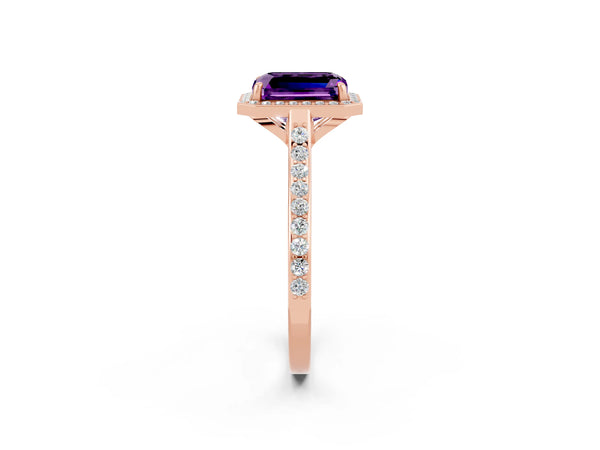 Rose gold Emerald Cut Amethyst Halo Engagement Ring with Round Pavé Shoulders and Prong Setting