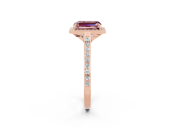 Rose gold Emerald Cut Halo Round Diamond Pavé Band with Four-Prong Setting