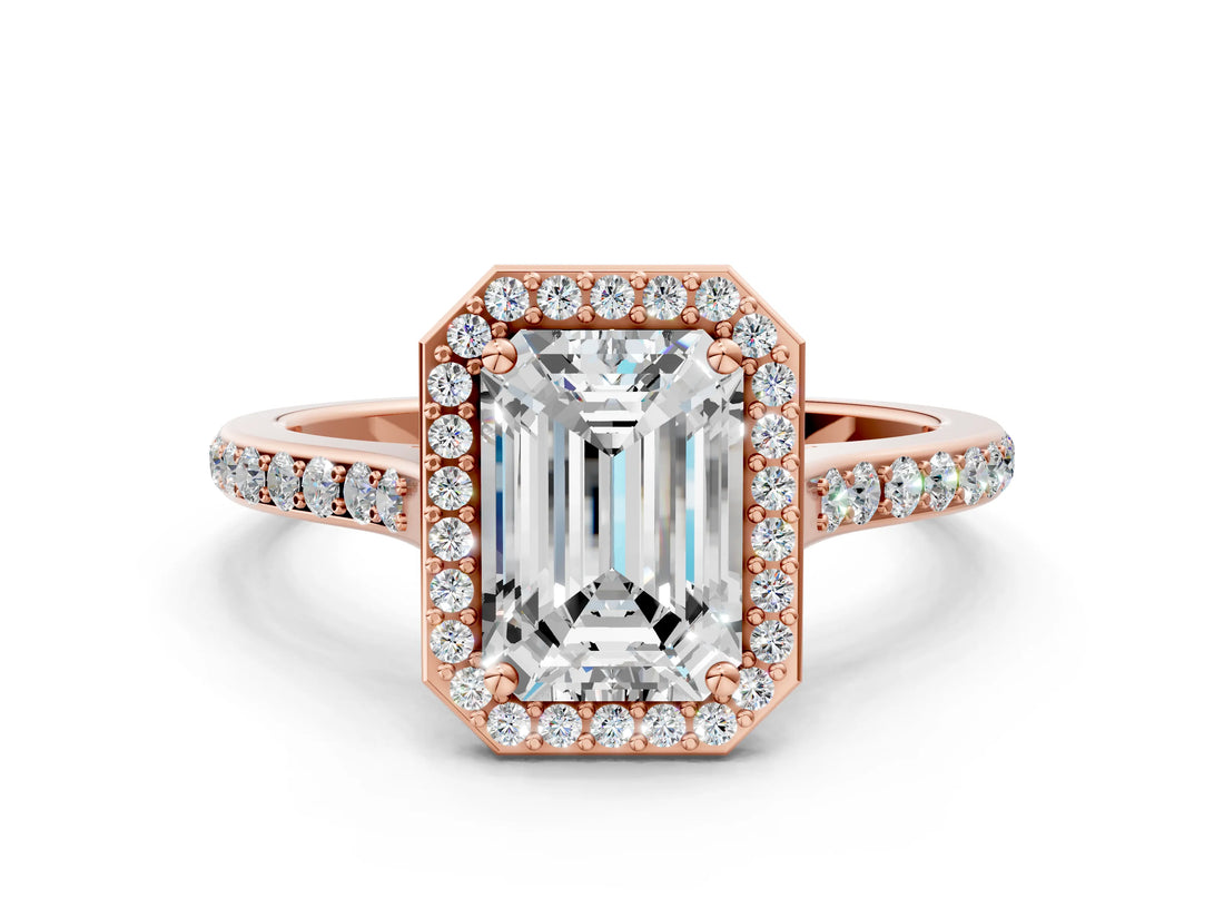Rose gold Emerald Cut Halo Round Diamond Pavé Band with Four-Prong Setting_3