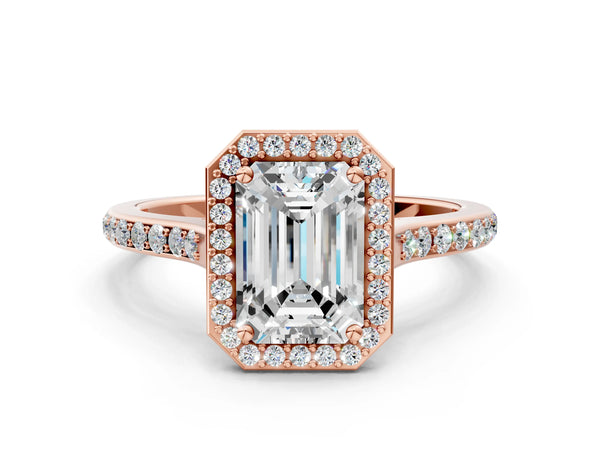 Rose gold Emerald Cut Halo Round Diamond Pavé Band with Four-Prong Setting