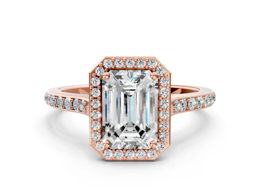 Rose gold Emerald Cut Halo Round Diamond Pavé Band with Four-Prong Setting