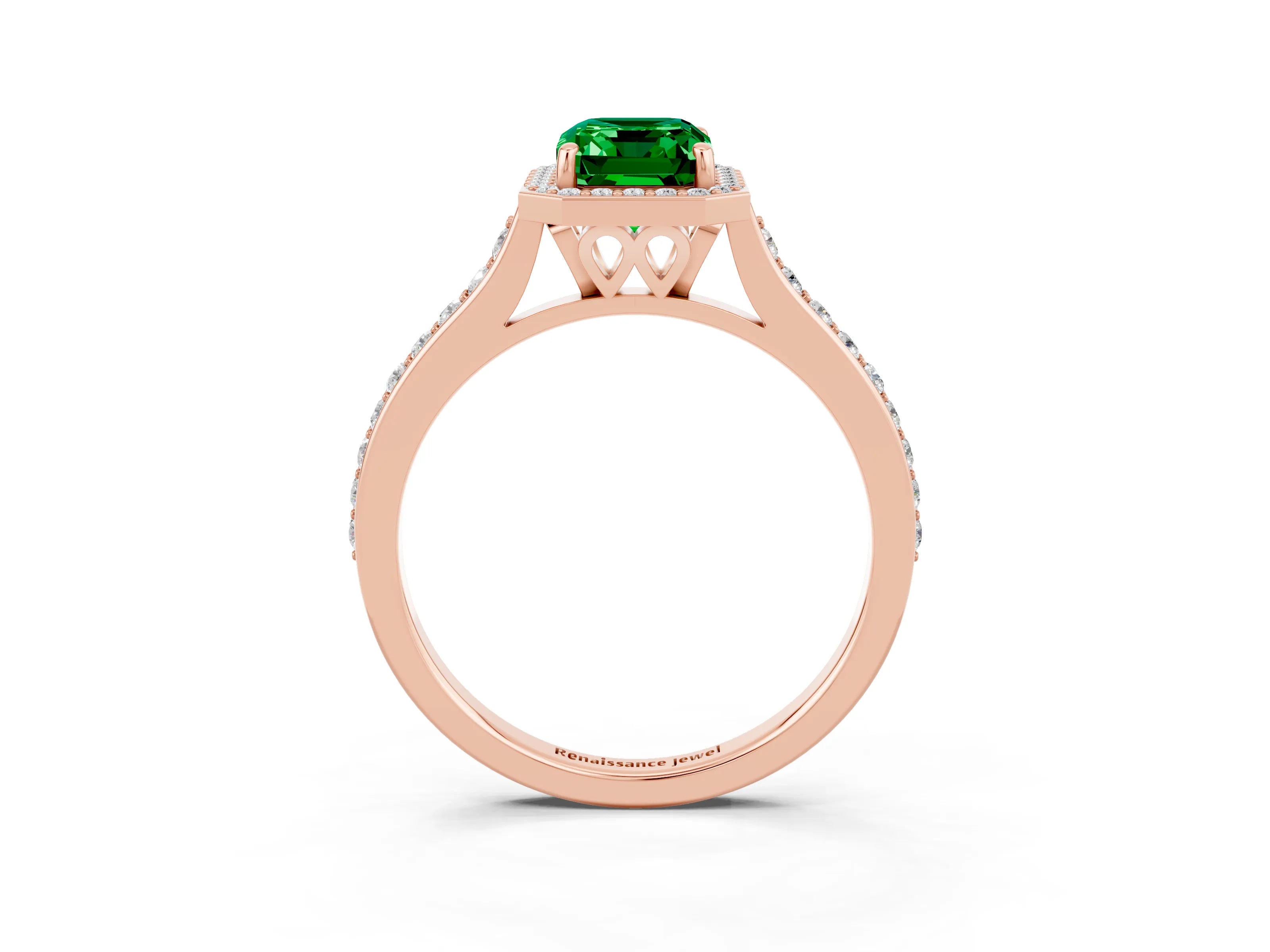 Rose gold Emerald Cut Halo Round Diamond Pavé Band with Four-Prong Setting_3