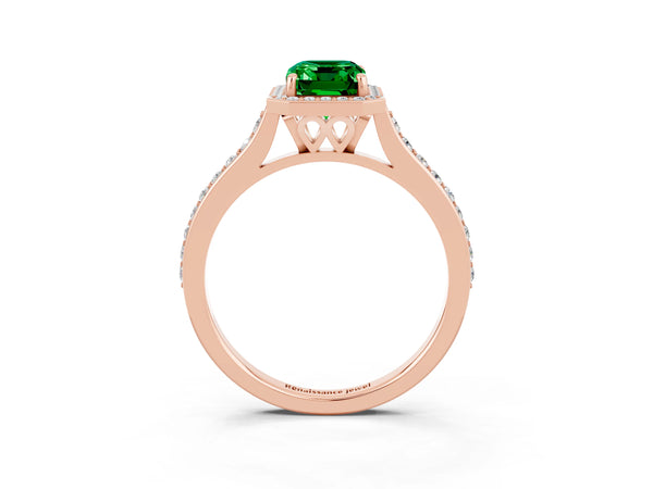 Rose gold Emerald Cut Emerald Halo Engagement Ring with Round Pavé Shoulders and Prong Setting