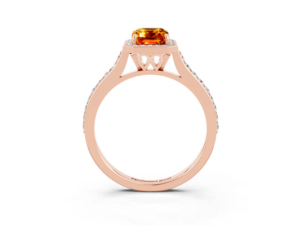Rose gold Emerald Cut Citrine Halo Engagement Ring with Round Pavé Shoulders and Prong Setting