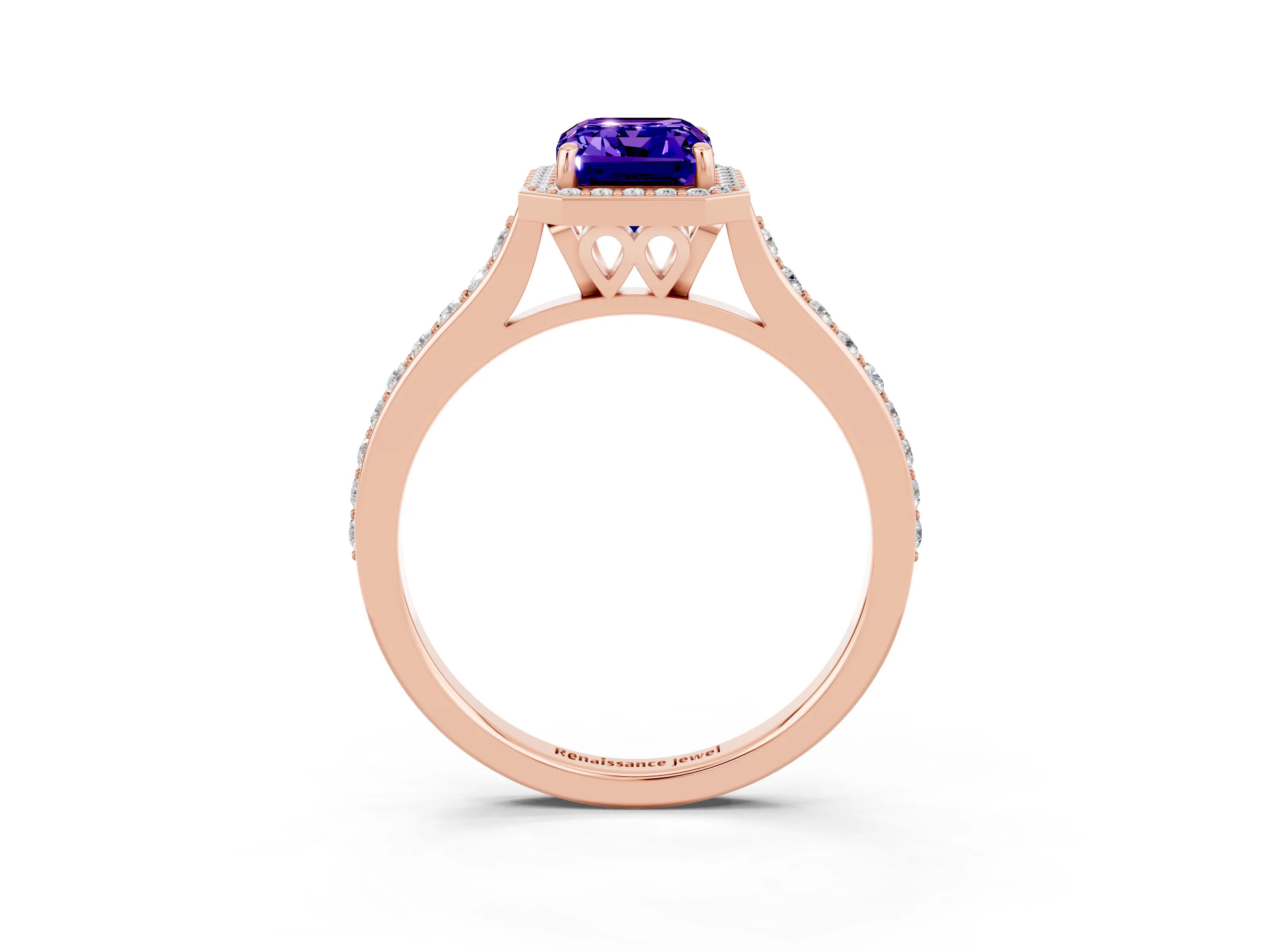 Rose gold Emerald Cut Halo Round Diamond Pavé Band with Four-Prong Setting_3