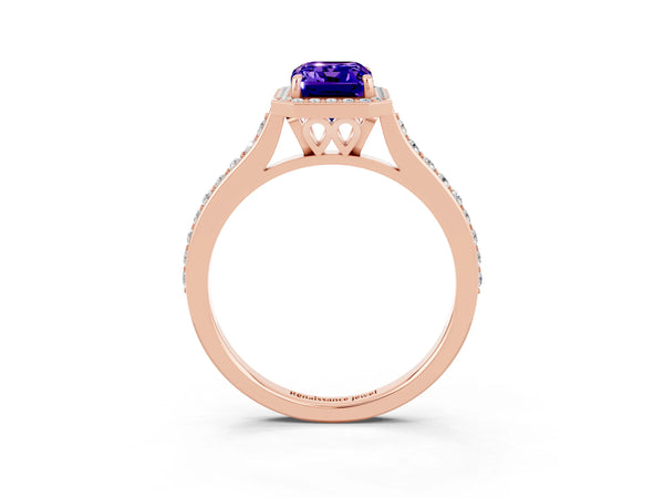 Rose gold Emerald Cut Tanzanite Halo Engagement Ring with Round Pavé Shoulders and Prong Setting