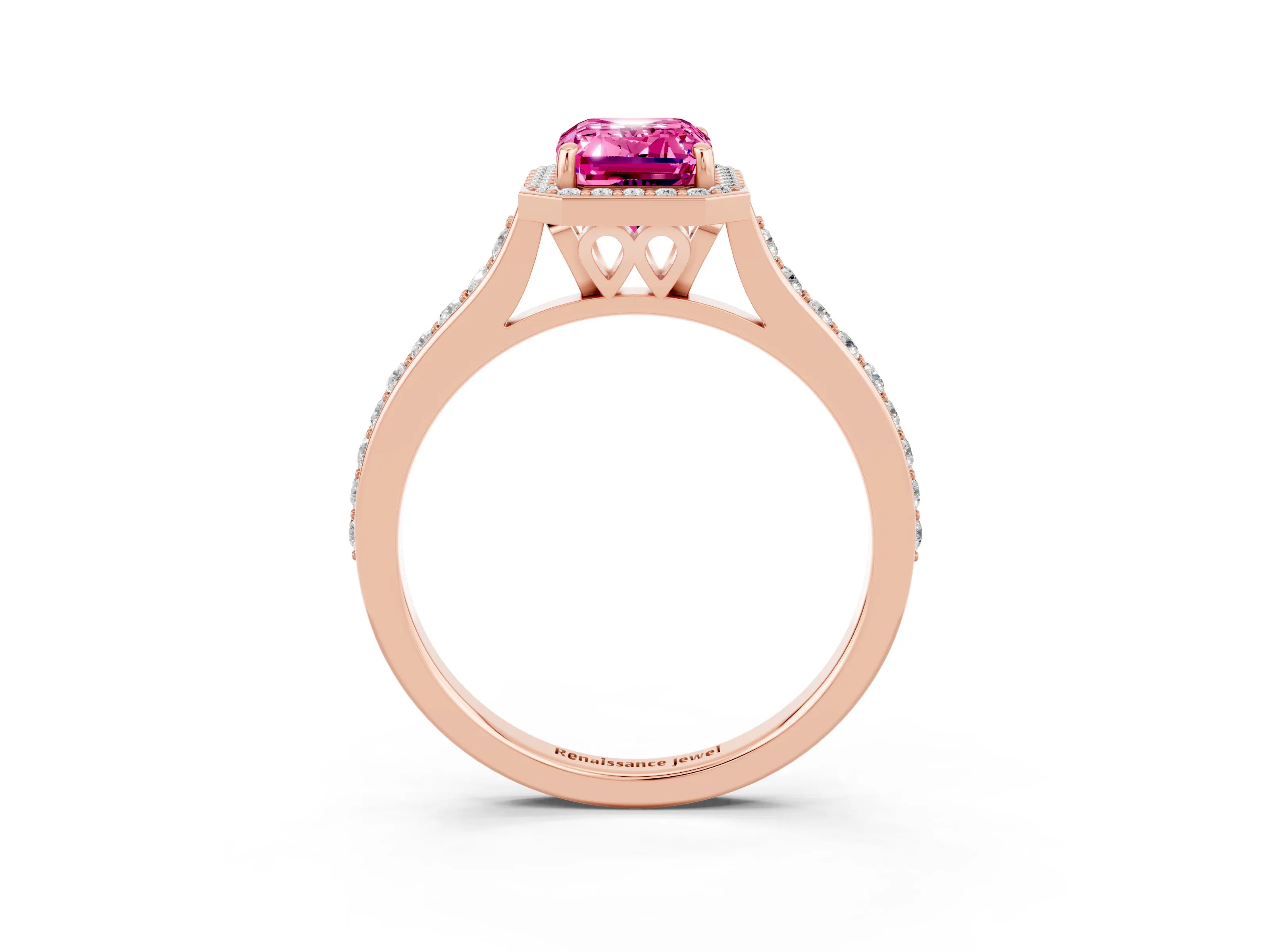 Rose gold Emerald Cut Halo Round Diamond Pavé Band with Four-Prong Setting_3
