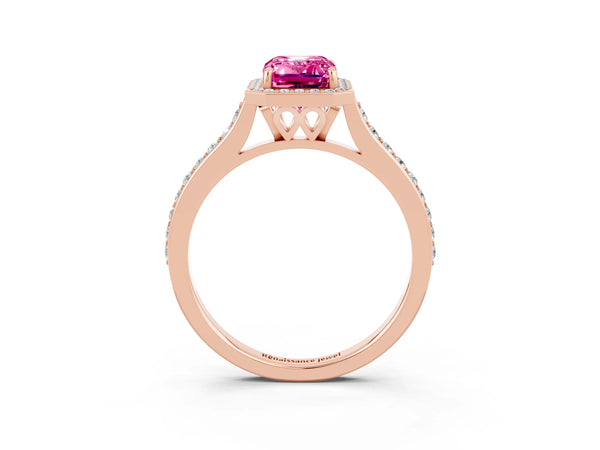 Rose gold Emerald Cut Pink Sapphire Halo Engagement Ring with Round Pavé Shoulders and Prong Setting