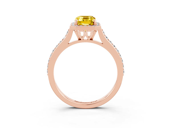 Rose gold Emerald Cut Yellow Sapphire Halo Engagement Ring with Round Pavé Shoulders and Prong Setting