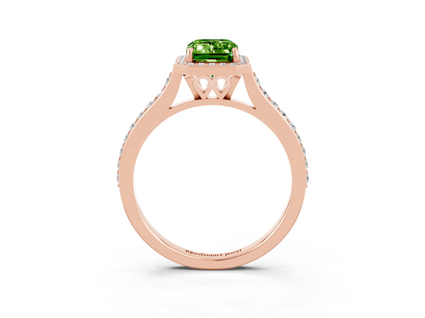 Rose gold Emerald Cut Halo Round Diamond Pavé Band with Four-Prong Setting