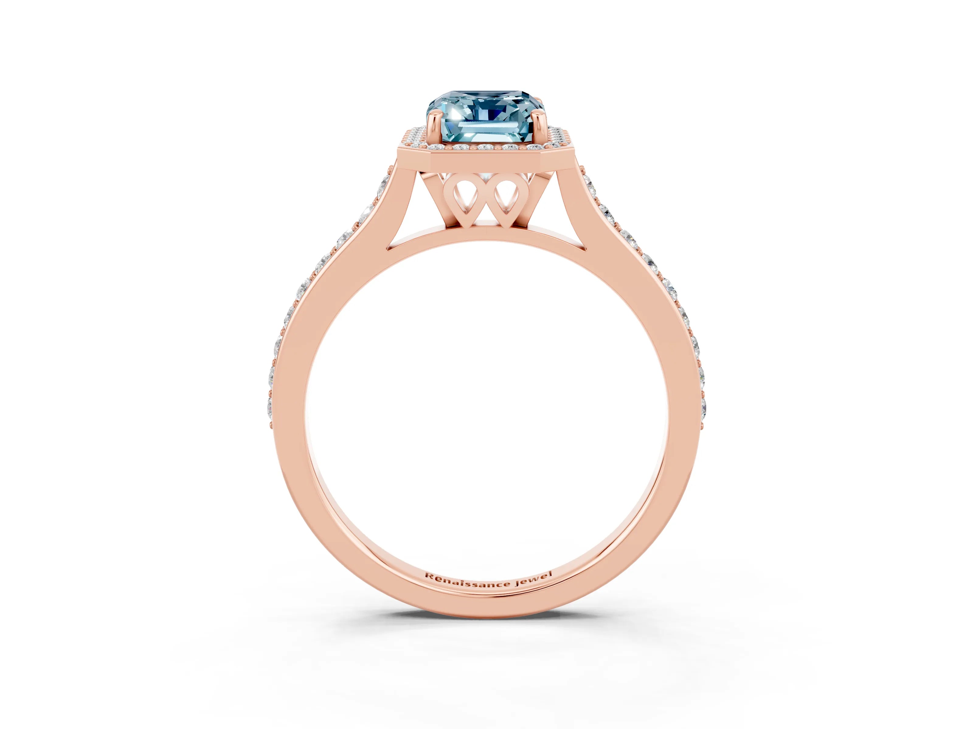 Rose gold Emerald Cut Halo Round Diamond Pavé Band with Four-Prong Setting_3