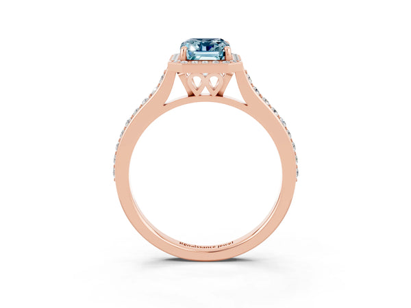 Rose gold Emerald Cut Aquamarine Halo Engagement Ring with Round Pavé Shoulders and Prong Setting