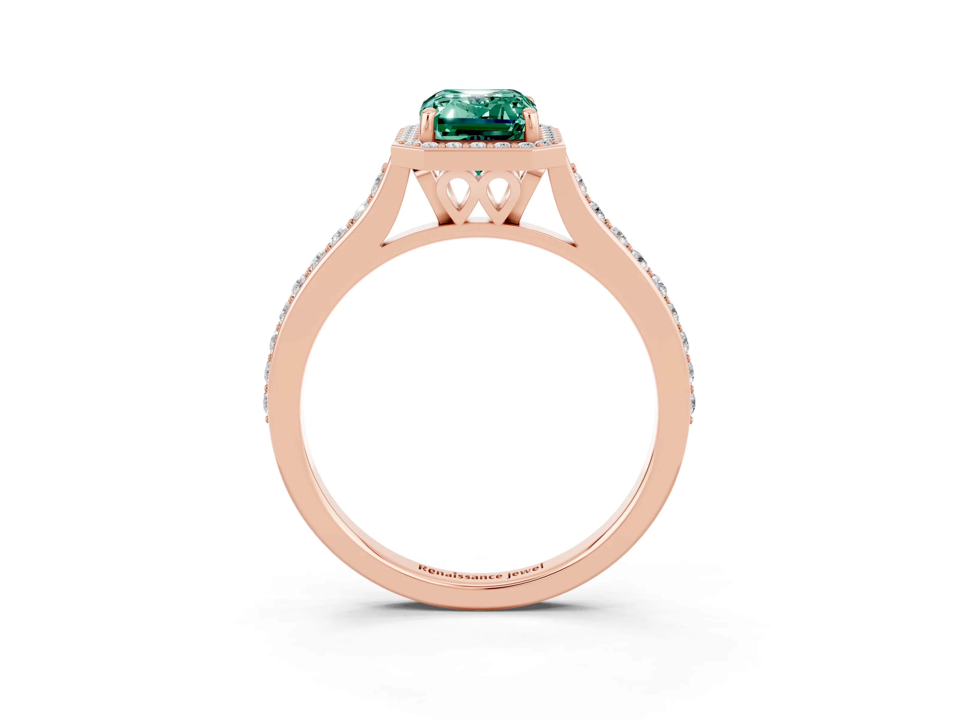 Rose gold Emerald Cut Halo Round Diamond Pavé Band with Four-Prong Setting_3