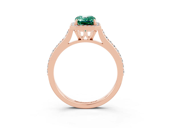 Rose gold Emerald Cut Green Sapphire Halo Engagement Ring with Round Pavé Shoulders and Prong Setting