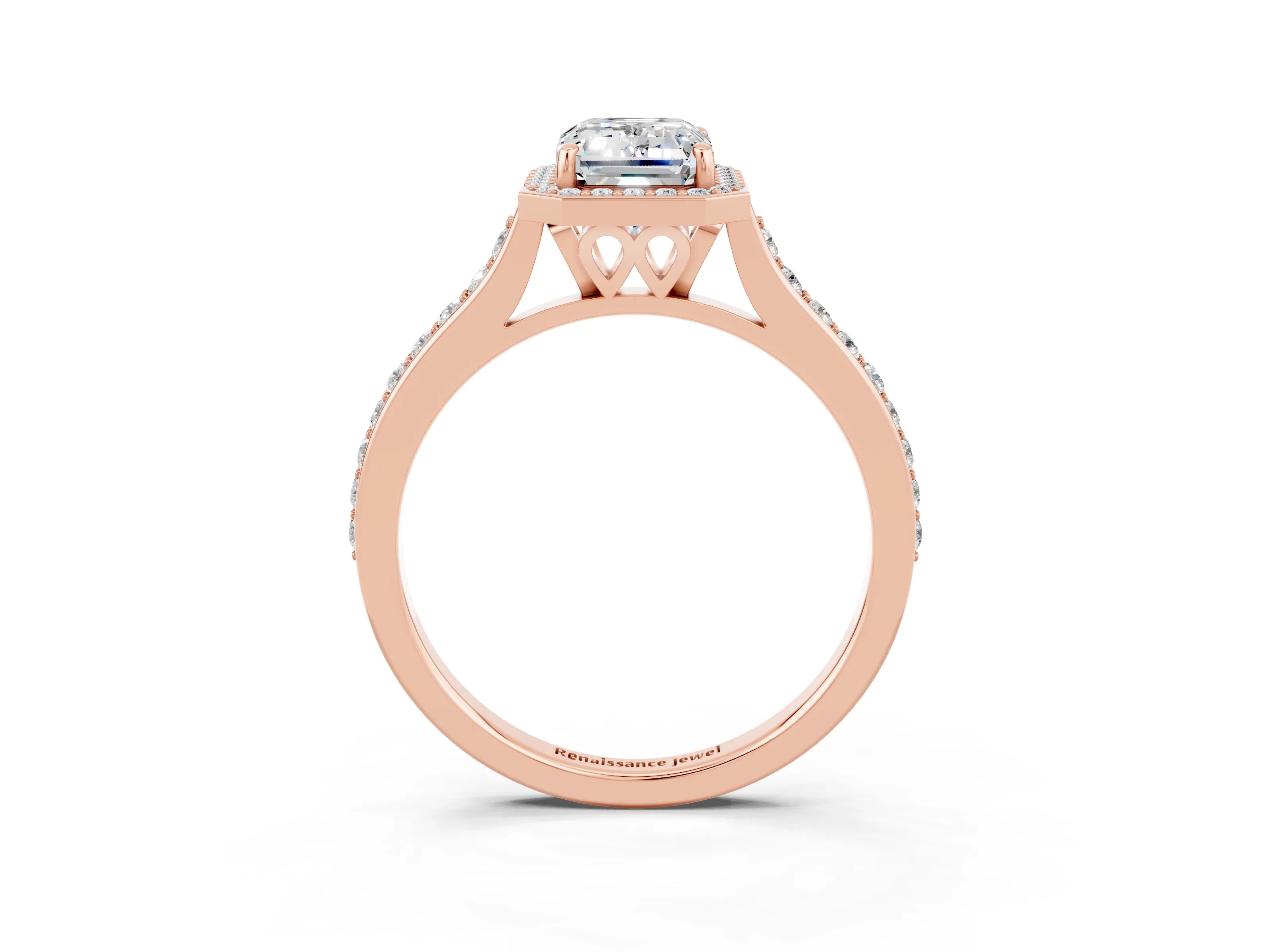 Rose gold Emerald Cut Halo Round Diamond Pavé Band with Four-Prong Setting_3