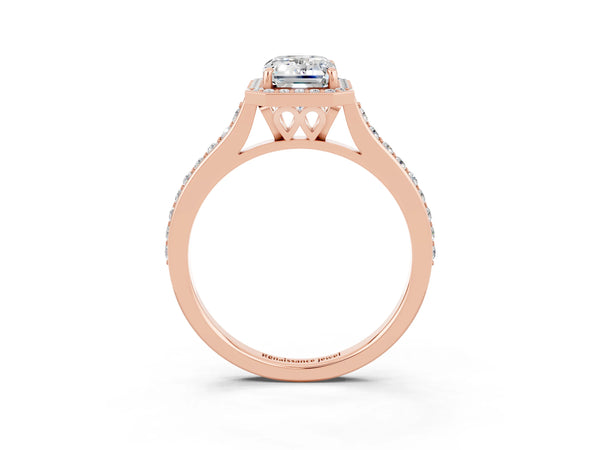 Rose gold Emerald Cut Moissanite Halo Engagement Ring with Round Pavé Shoulders and Prong Setting