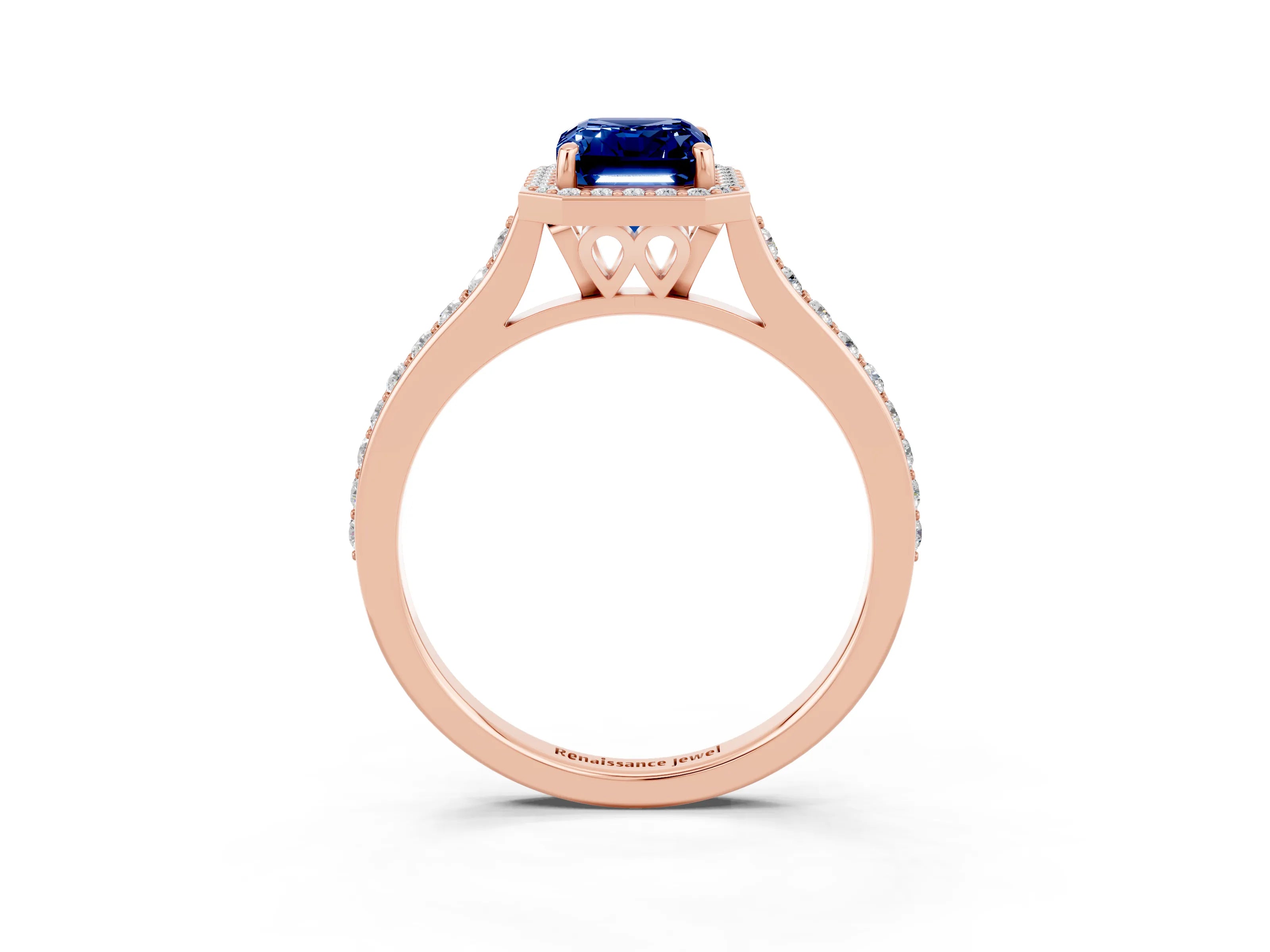 Rose gold Emerald Cut Halo Round Diamond Pavé Band with Four-Prong Setting_3