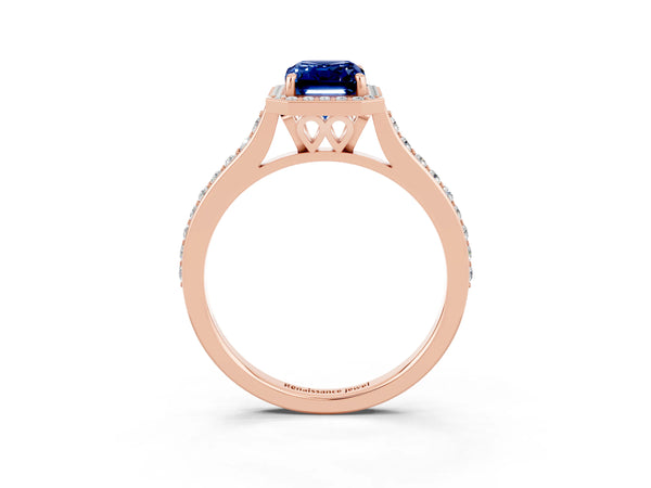 Rose gold Emerald Cut Blue Sapphire Halo Engagement Ring with Round Pavé Shoulders and Prong Setting