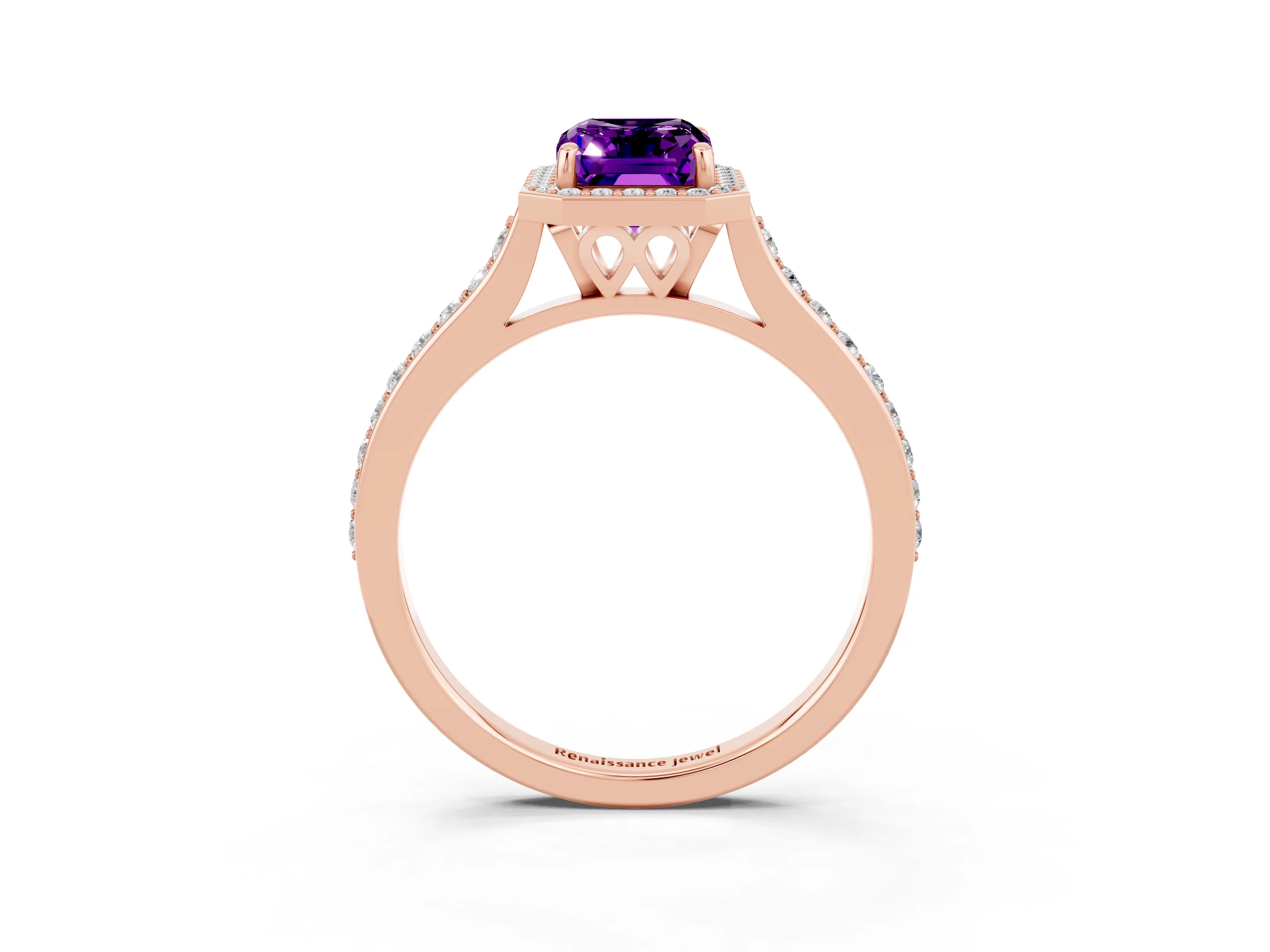 Rose gold Emerald Cut Halo Round Diamond Pavé Band with Four-Prong Setting_3