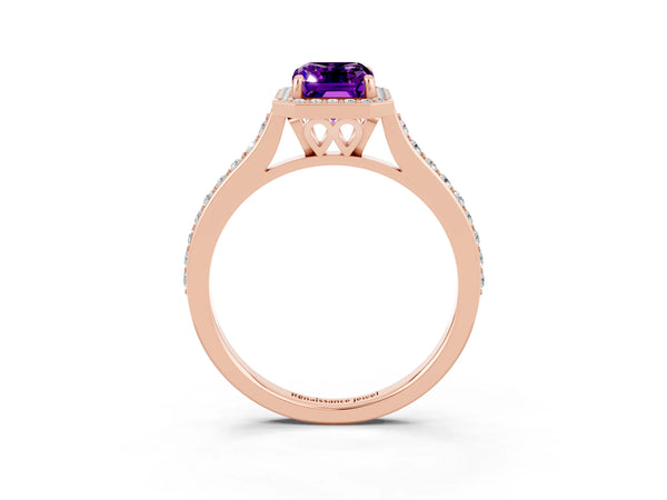 Rose gold Emerald Cut Amethyst Halo Engagement Ring with Round Pavé Shoulders and Prong Setting