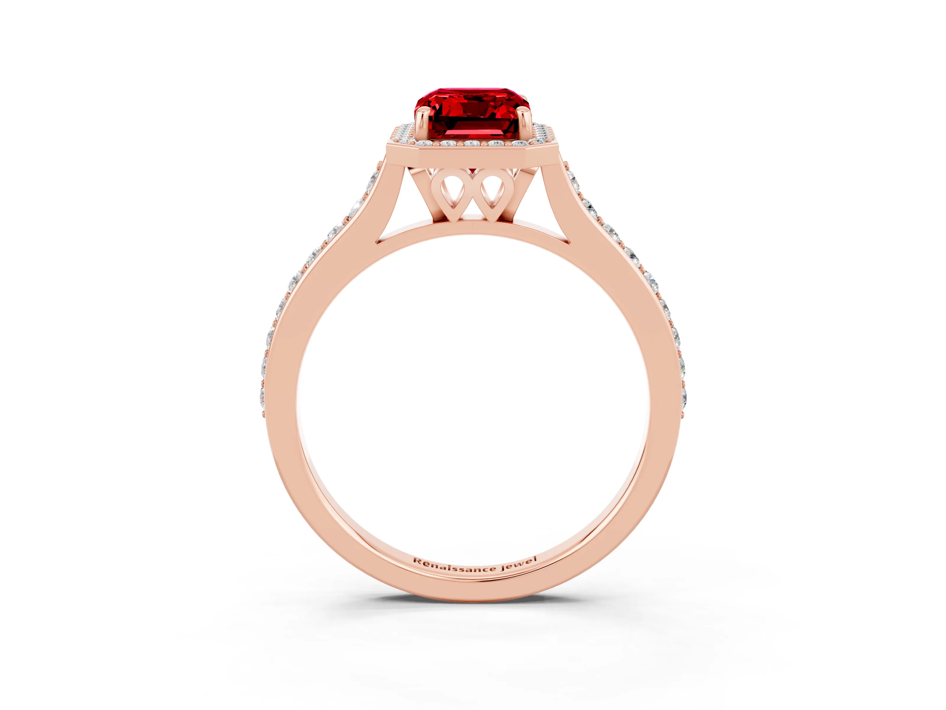 Rose gold Emerald Cut Halo Round Diamond Pavé Band with Four-Prong Setting_3