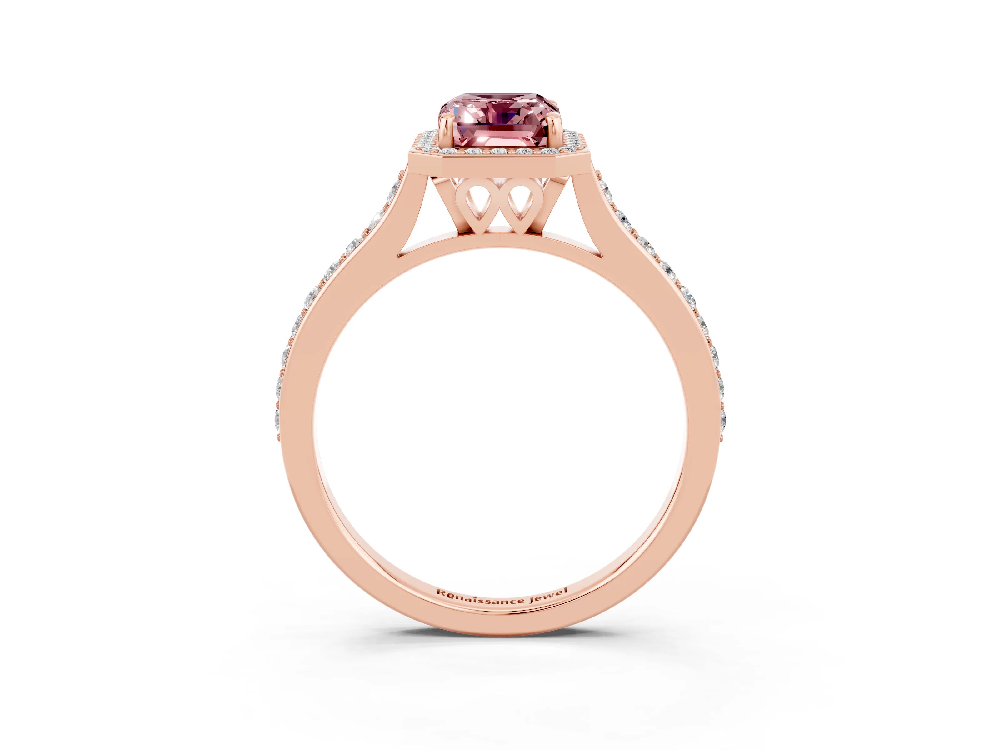 Rose gold Emerald Cut Halo Round Diamond Pavé Band with Four-Prong Setting_3
