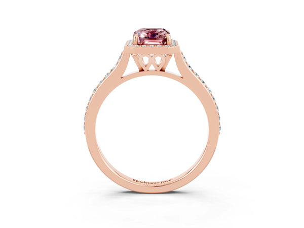 Rose gold Emerald Cut Halo Round Diamond Pavé Band with Four-Prong Setting