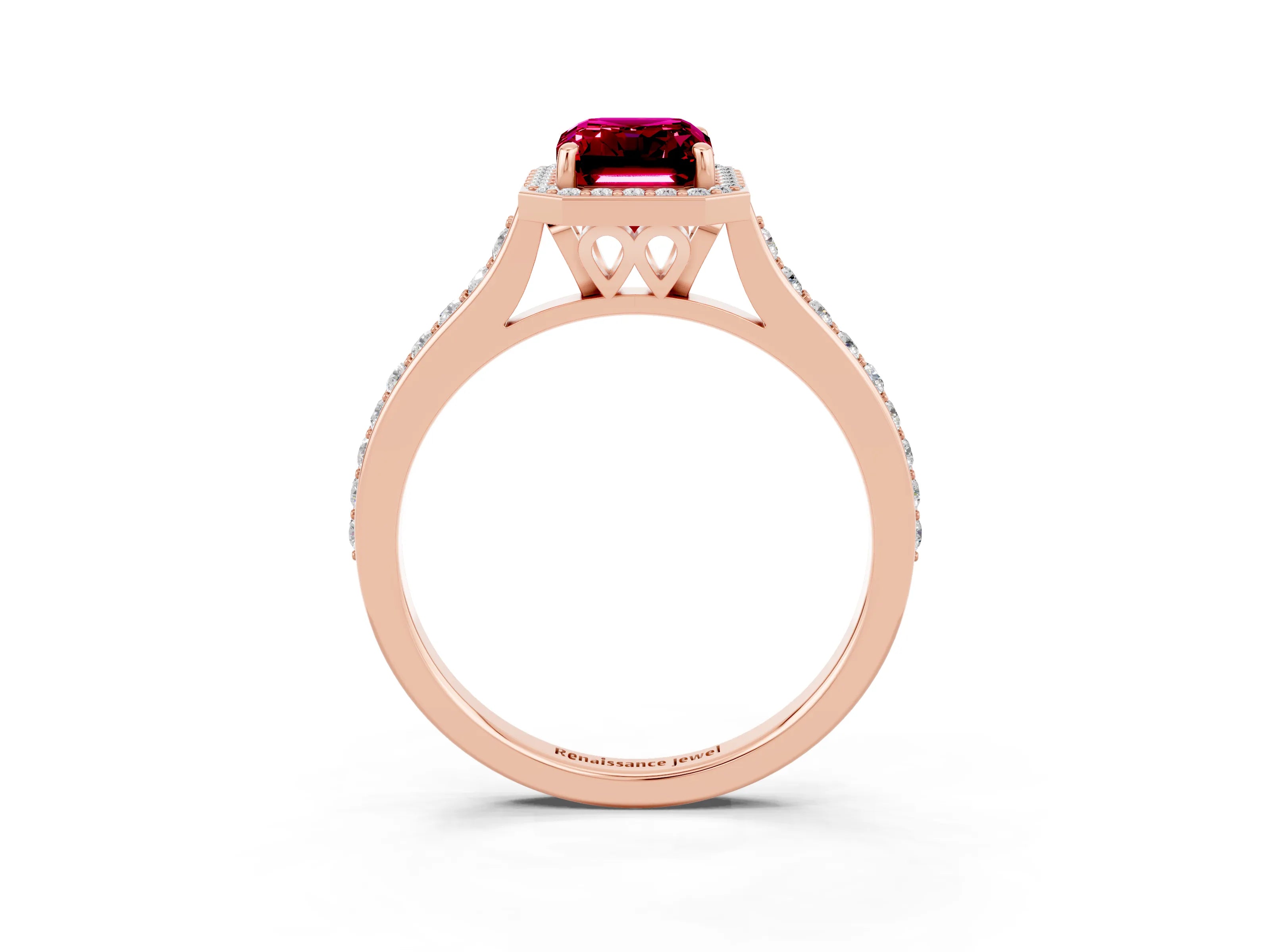 Rose gold Emerald Cut Halo Round Diamond Pavé Band with Four-Prong Setting_3