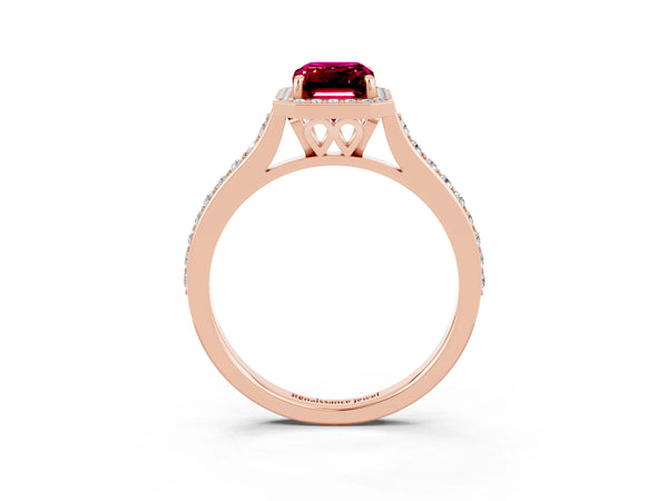 Rose gold Emerald Cut Garnet Halo Engagement Ring with Round Pavé Shoulders and Prong Setting