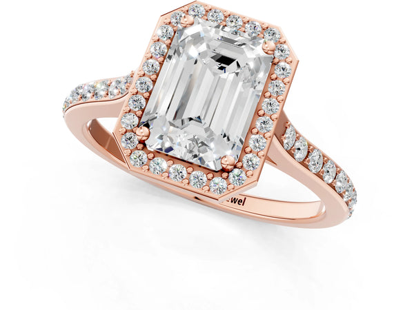 Rose gold Emerald Cut Halo Round Diamond Pavé Band with Four-Prong Setting